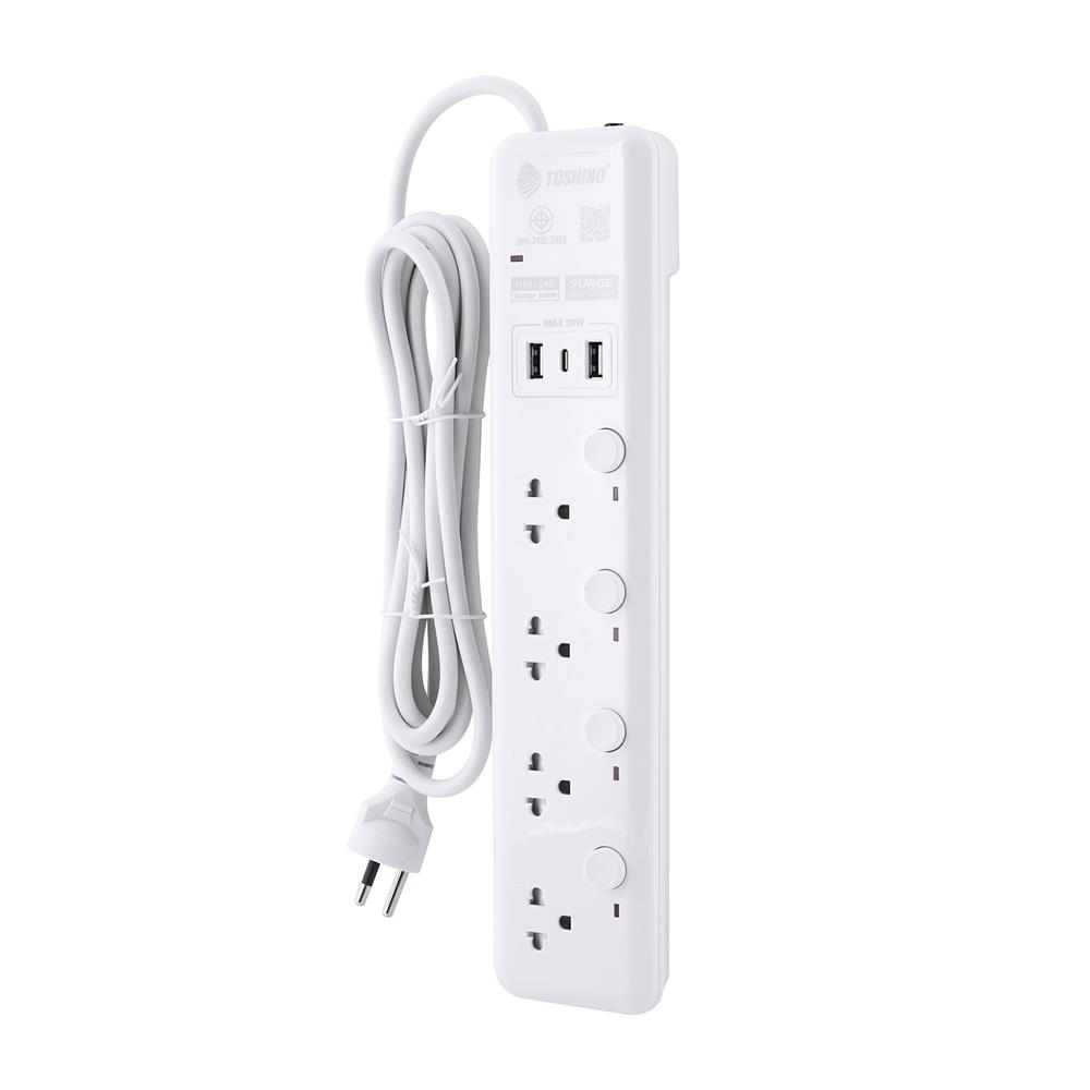 รางปลั๊กไฟ 4 ช่อง 4 สวิตซ 2 USB 1 TYPE C TOSHINO WY-43 3 ม. สีขาว