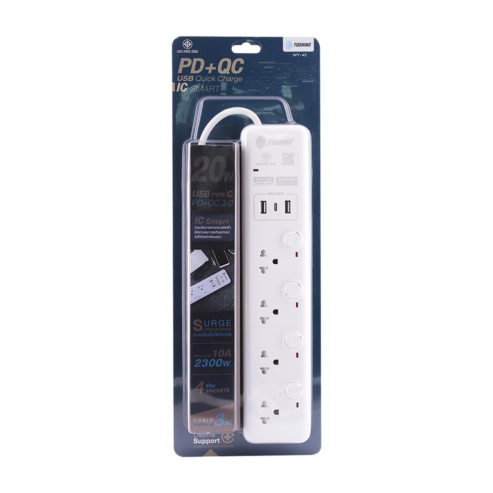 รางปลั๊กไฟ 4 ช่อง 4 สวิตซ 2 USB 1 TYPE C TOSHINO WY-43 3 ม. สีขาว