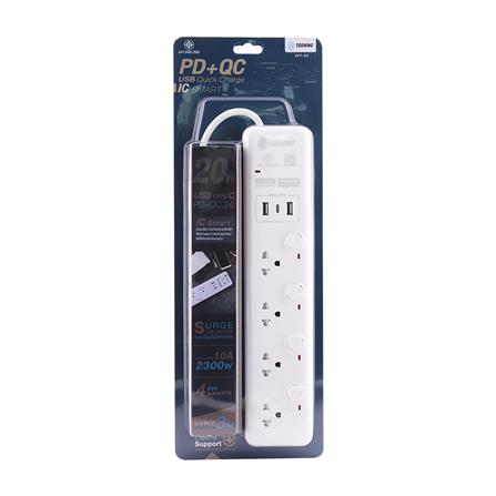 รางปลั๊กไฟ 4 ช่อง 4 สวิตซ 2 USB 1 TYPE C TOSHINO WY-43 3 ม. สีขาว_3
