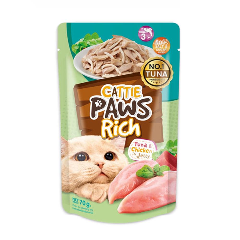 อาหารเปียกแมว CATTIE PAWS RICH TUNA CHICKEN IN JELLY 70 ก.