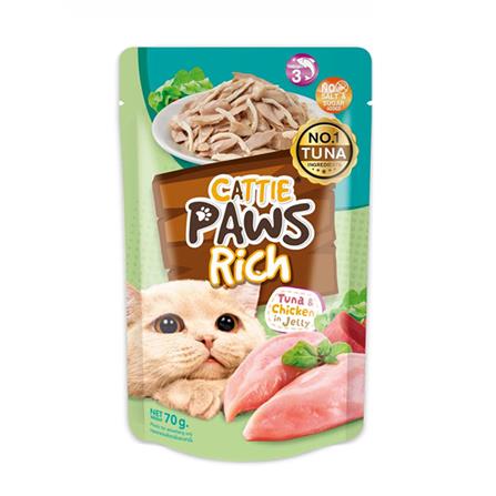 อาหารเปียกแมว CATTIE PAWS RICH TUNA CHICKEN IN JELLY 70 ก._0