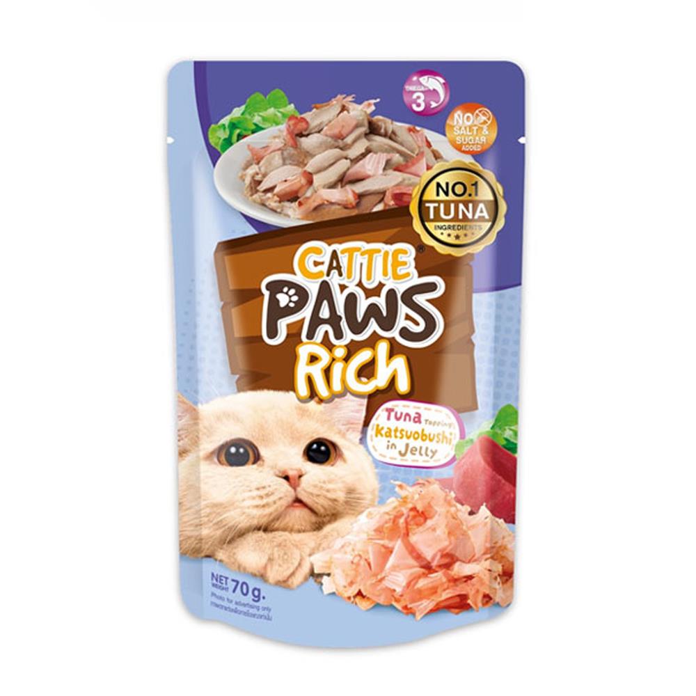 อาหารเปียกแมว CATTIE PAWS RICH TUNA KATSUO IN JELLY 70 ก.