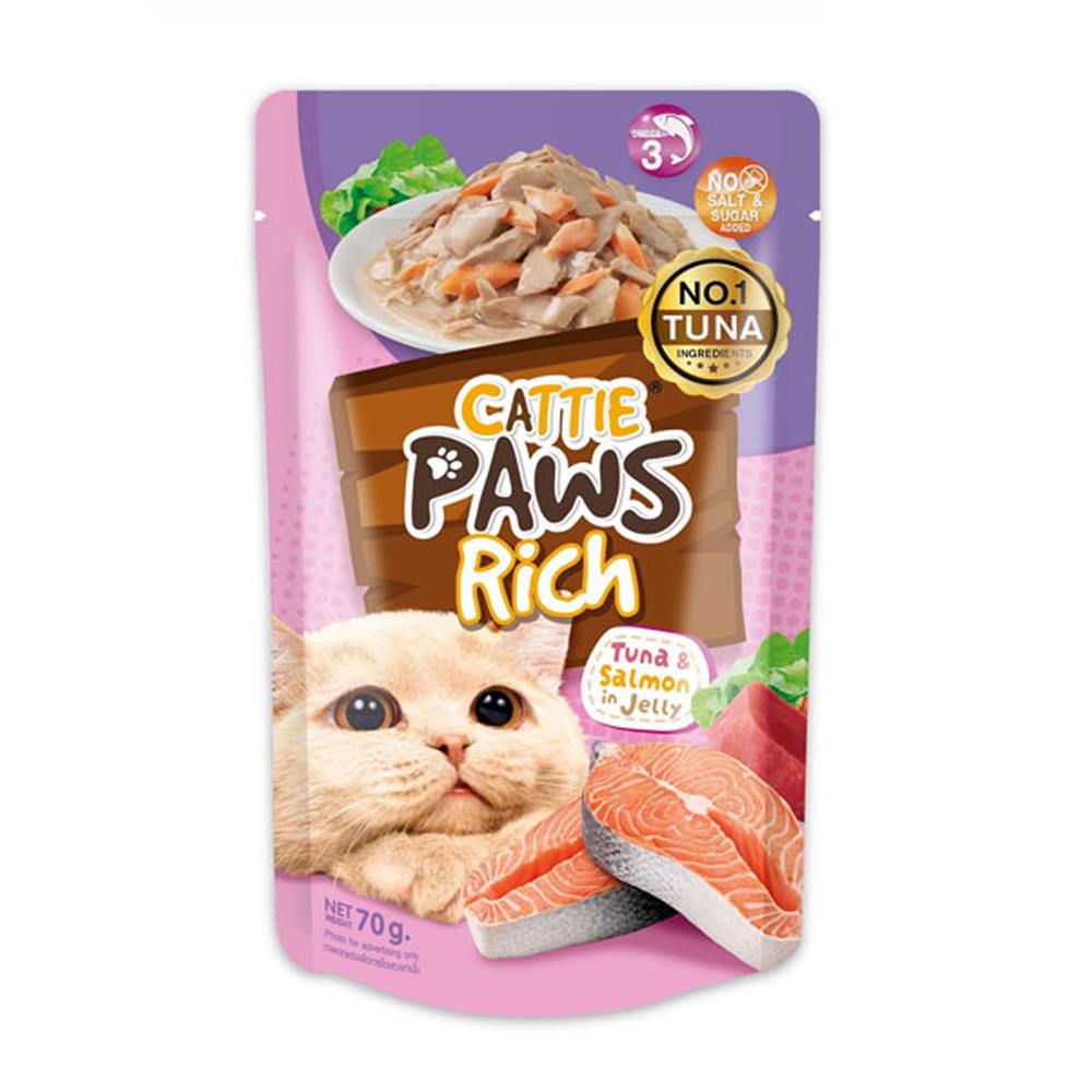 อาหารเปียกแมว CATTIE PAWS RICH TUNA SALMON IN JELLY 70 ก.