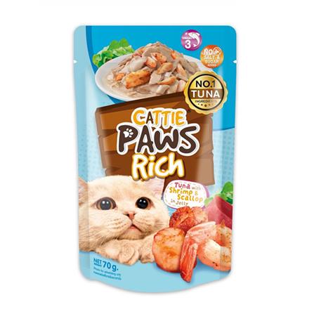 อาหารเปียกแมว CATTIE PAWS TUNA SHRIMP AND SCALLOP IN JELLY 70 ก._0