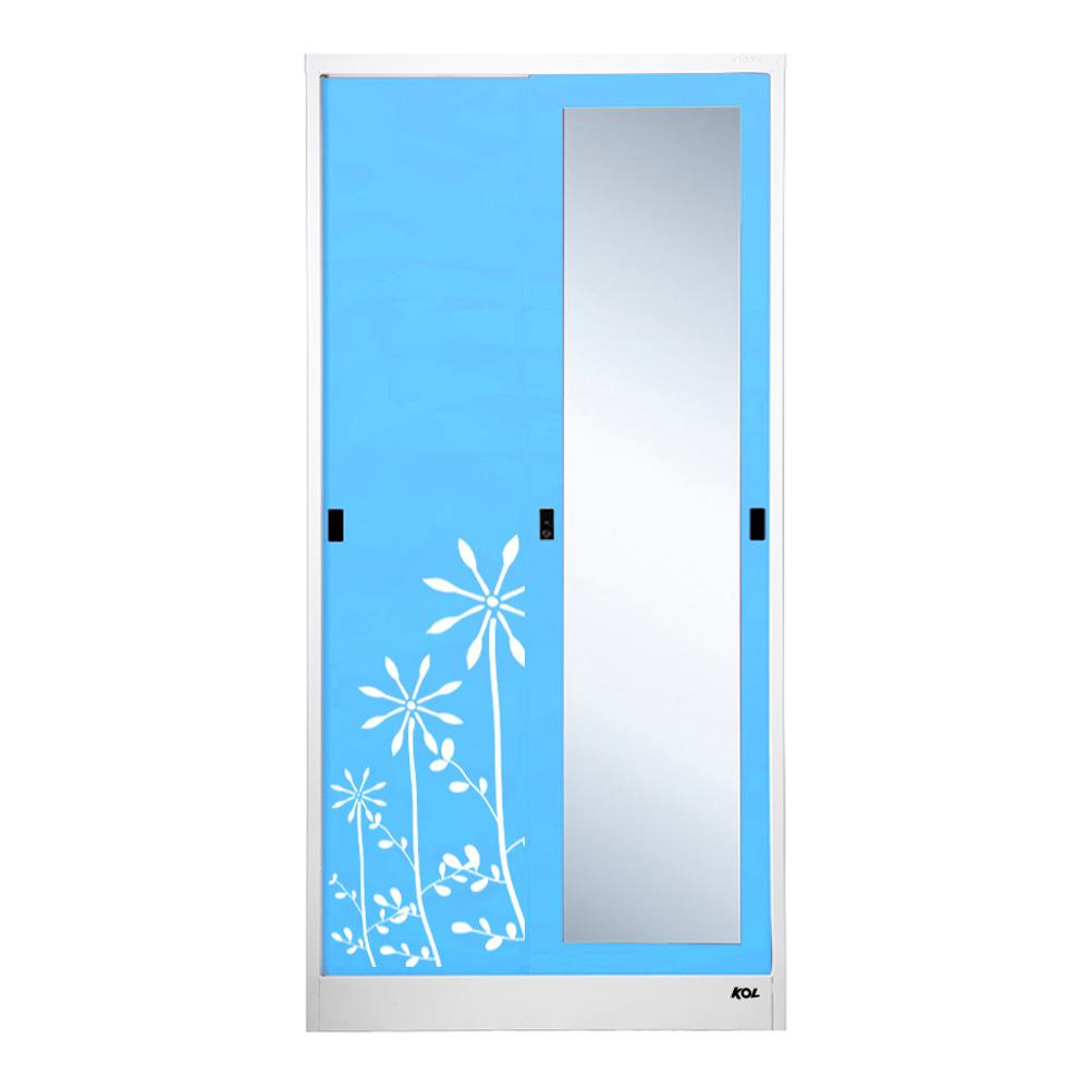 ตู้เสื้อผ้าเหล็กบานเลื่อนผสมกระจกเงา KOL KXW-18-I 91.4 ซม. สีฟ้า