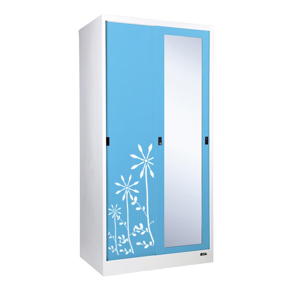 ตู้เสื้อผ้าเหล็กบานเลื่อนผสมกระจกเงา KOL KXW-18-I 91.4 ซม. สีฟ้า