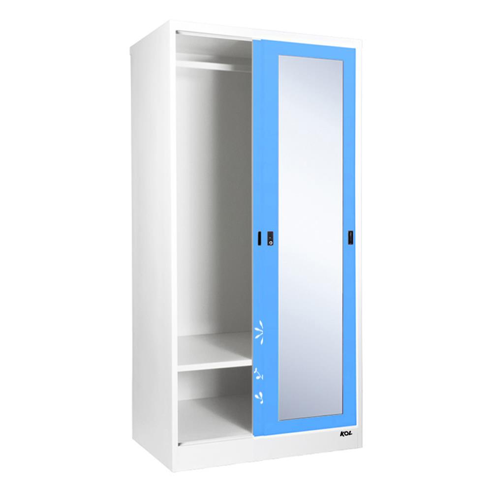 ตู้เสื้อผ้าเหล็กบานเลื่อนผสมกระจกเงา KOL KXW-18-I 91.4 ซม. สีฟ้า