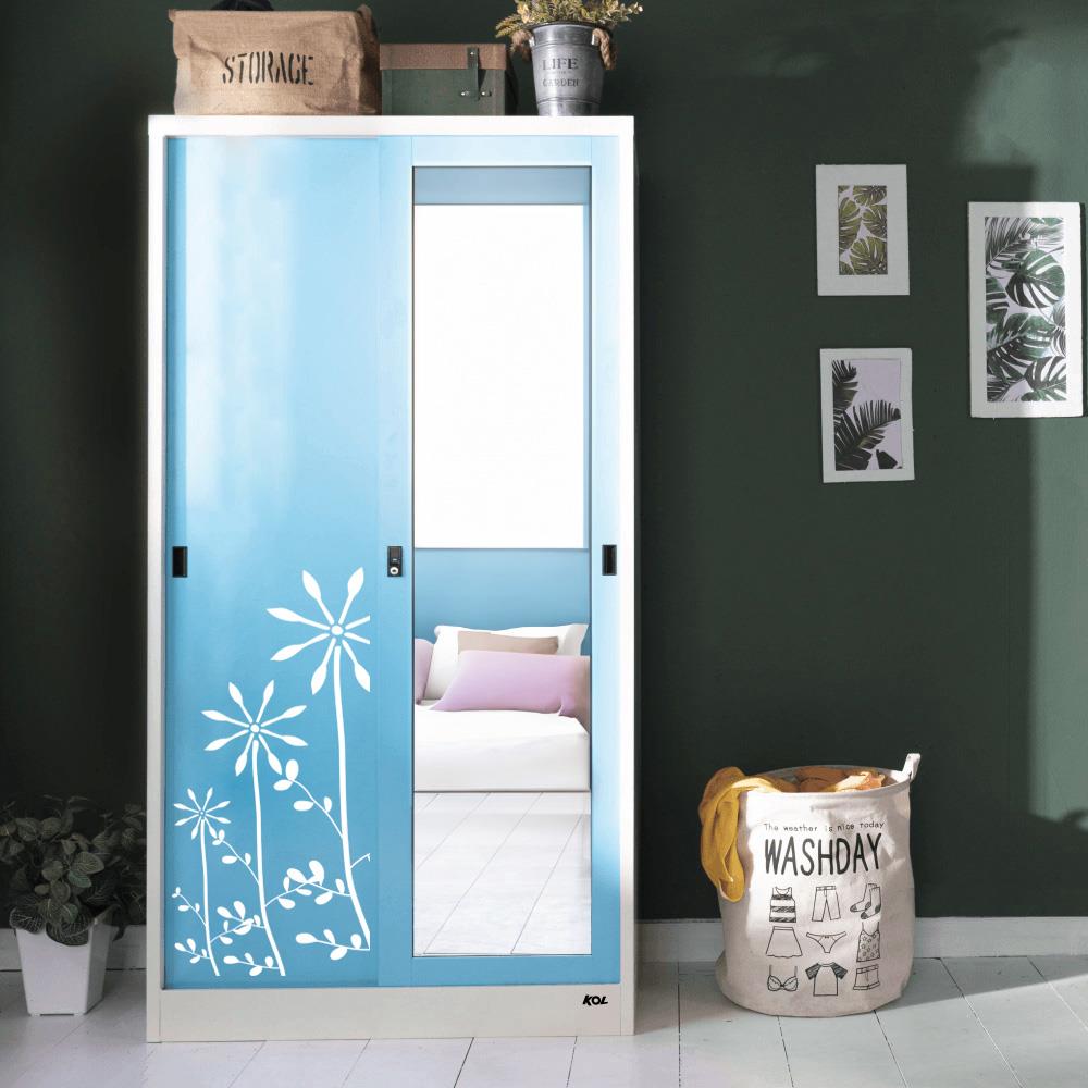 ตู้เสื้อผ้าเหล็กบานเลื่อนผสมกระจกเงา KOL KXW-18-I 91.4 ซม. สีฟ้า