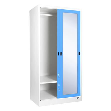 ตู้เสื้อผ้าเหล็กบานเลื่อนผสมกระจกเงา KOL KXW-18-I 91.4 ซม. สีฟ้า_2