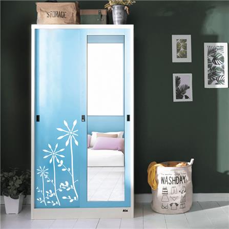 ตู้เสื้อผ้าเหล็กบานเลื่อนผสมกระจกเงา KOL KXW-18-I 91.4 ซม. สีฟ้า_3