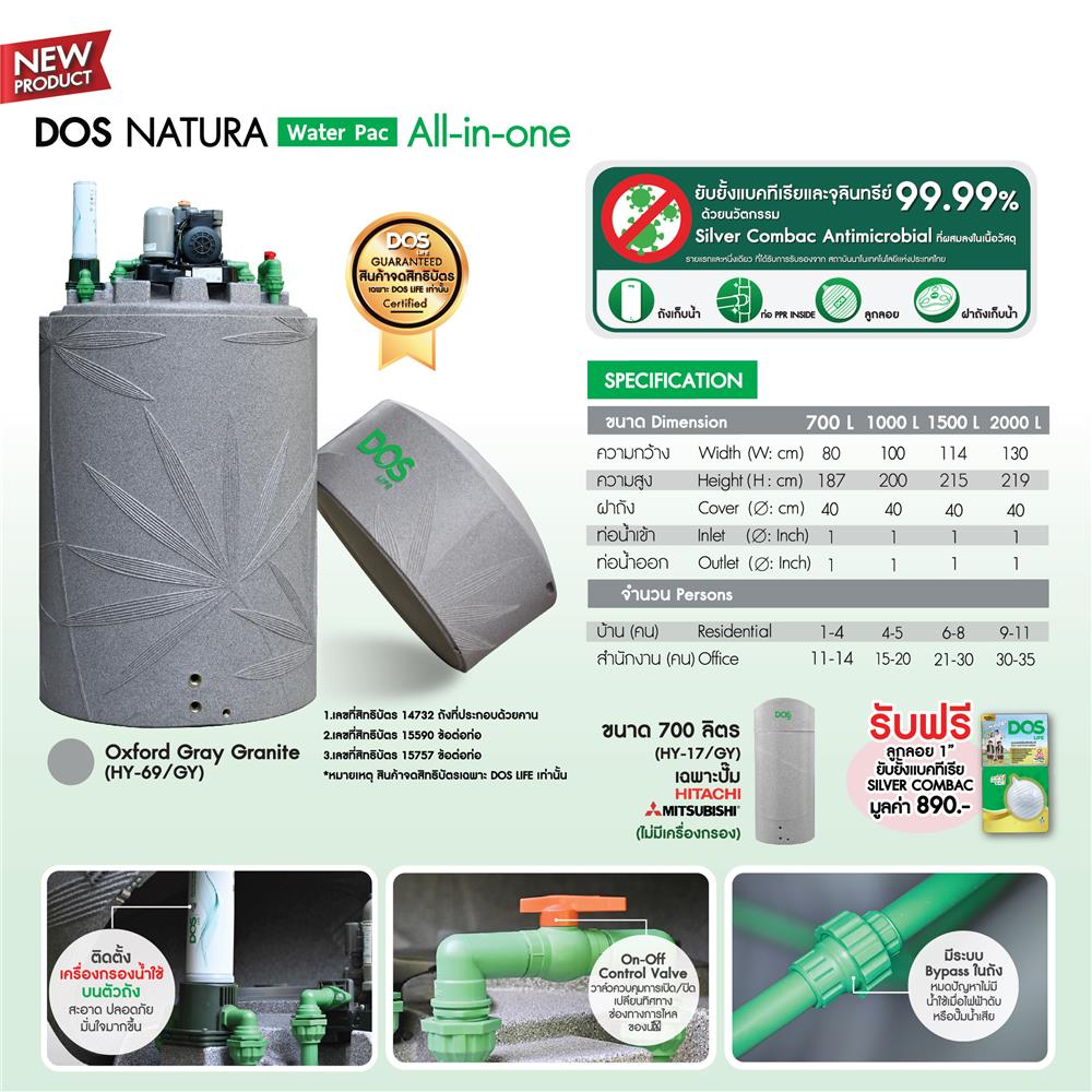 ถังเก็บน้ำ DOS NATURA WTP NSN 2000 ลิตร+DOS-DUPONT+ปั๊มน้ำ GRUNDFOS SCALA2 3-45 สี GRANITE GREY