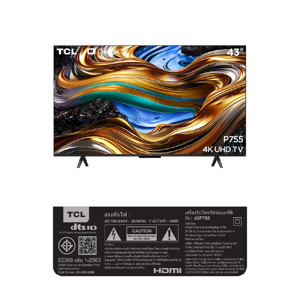 ทีวีแอลอีดี 43 นิ้ว TCL (4K, LED, GOOGLE TV) 43P755