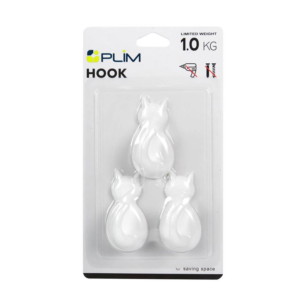 ขอแขวนรูปแมวติดเทปกาว PLIM XY-0501 สีขาว แพ็ก 3 ชิ้น