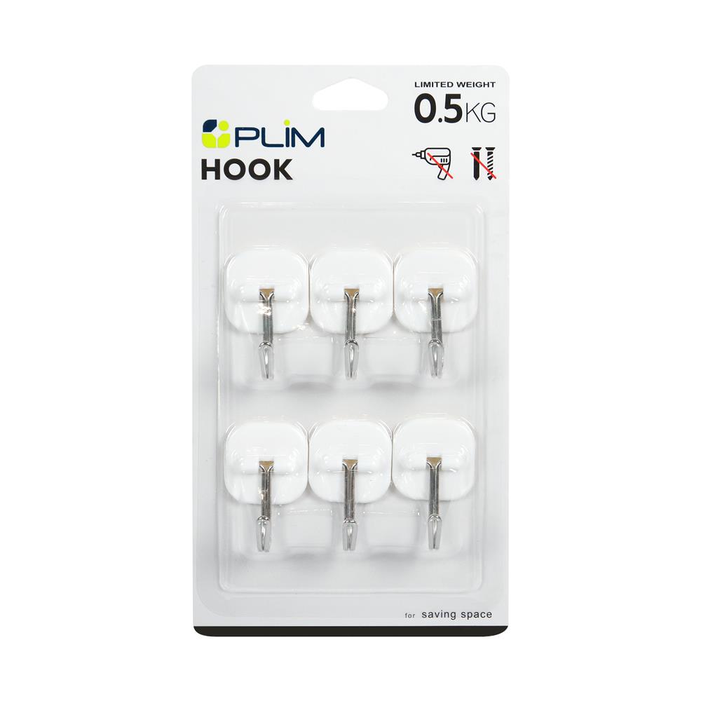 ขอแขวนเหลี่ยมติดเทปกาว PLIM XY-0904 สีขาว แพ็ก 6 ชิ้น