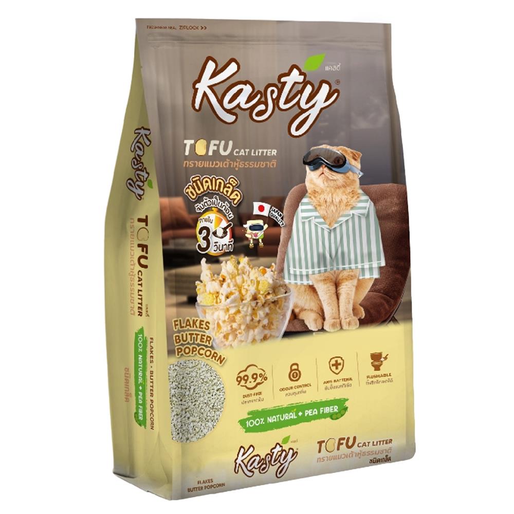 ทรายแมวเต้าหู้ KASTY FLAKES กลิ่นบัตเตอร์ ป๊อปคอร์น 6 ลิตร