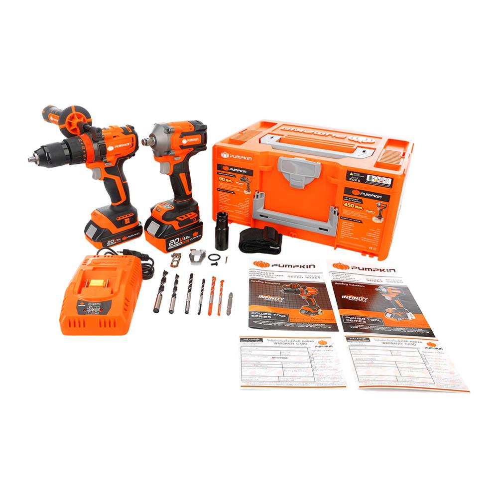 ชุดสว่านกระแทกและบล็อกกระแทกไร้สาย (พร้อมแบตเตอรี่) PUMPKIN BL 50296 INF-IMDIW-422CK 20 โวลต์