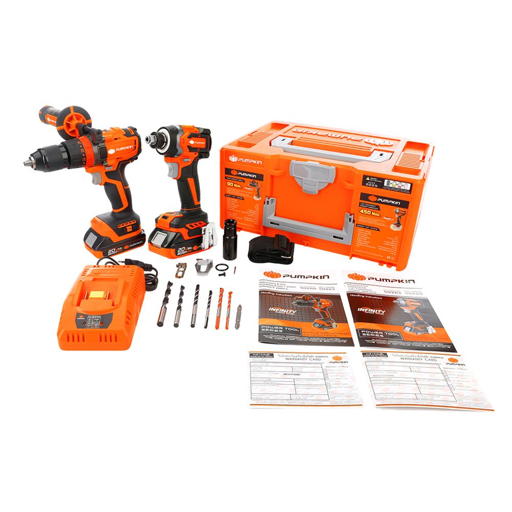 ชุดสว่านกระแทกและไขควงกระแทกไร้สาย (พร้อมแบตเตอรี่) PUMPKIN BL 50295 INF-IMDIDIW-422CK 20 โวลต์