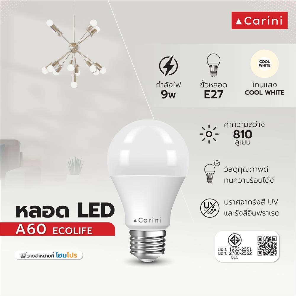 หลอด LED CARINI A60 ECOLIFE 9 วัตต์ COOL WHITE E27