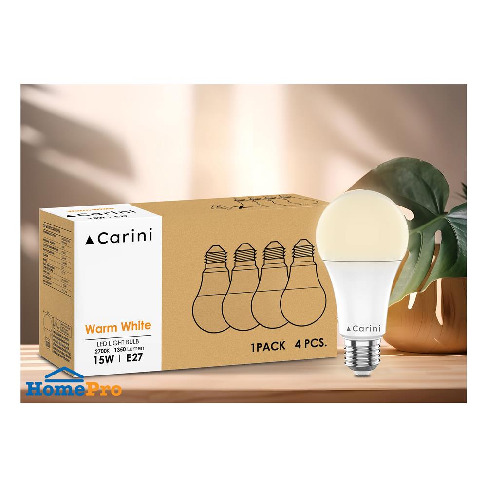หลอด LED CARINI A65 ECOLIFE 15 วัตต์ WARM WHITE E27 แพ็ก 4 ชิ้น