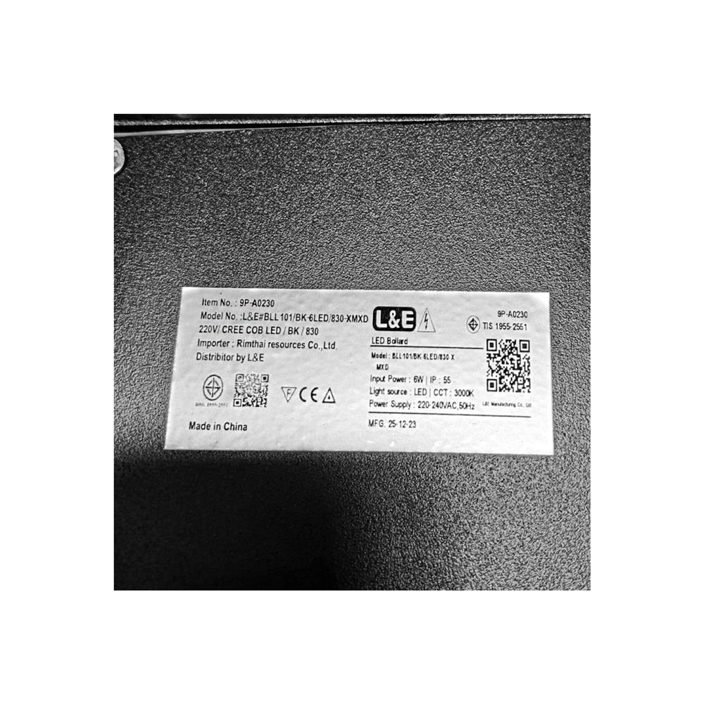 ไฟหัวเสา LED L&E 9P-A0230 6 วัตต์ WARM WHITE สีดำ