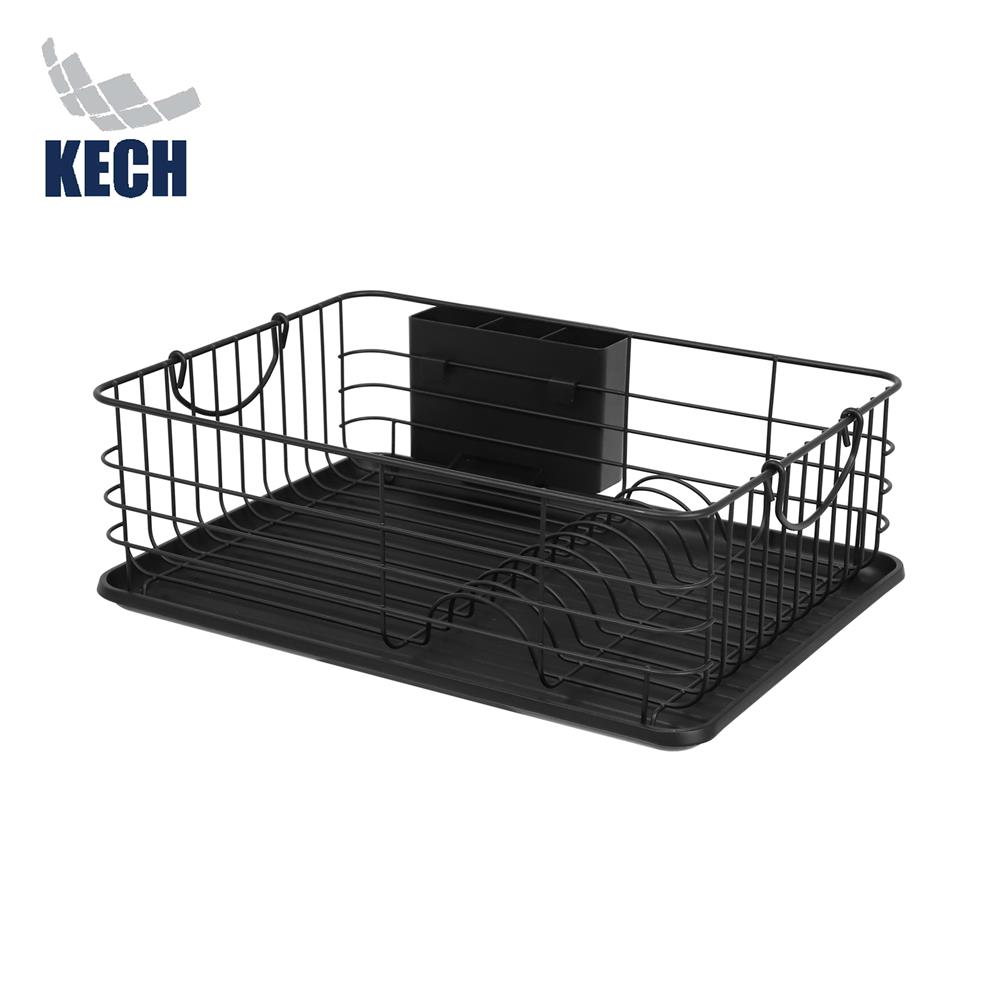 ชั้นคว่ำจานเหล็กพ่นสีดำมีหูจับพร้อมถาดรองน้ำ KECH IRON_1