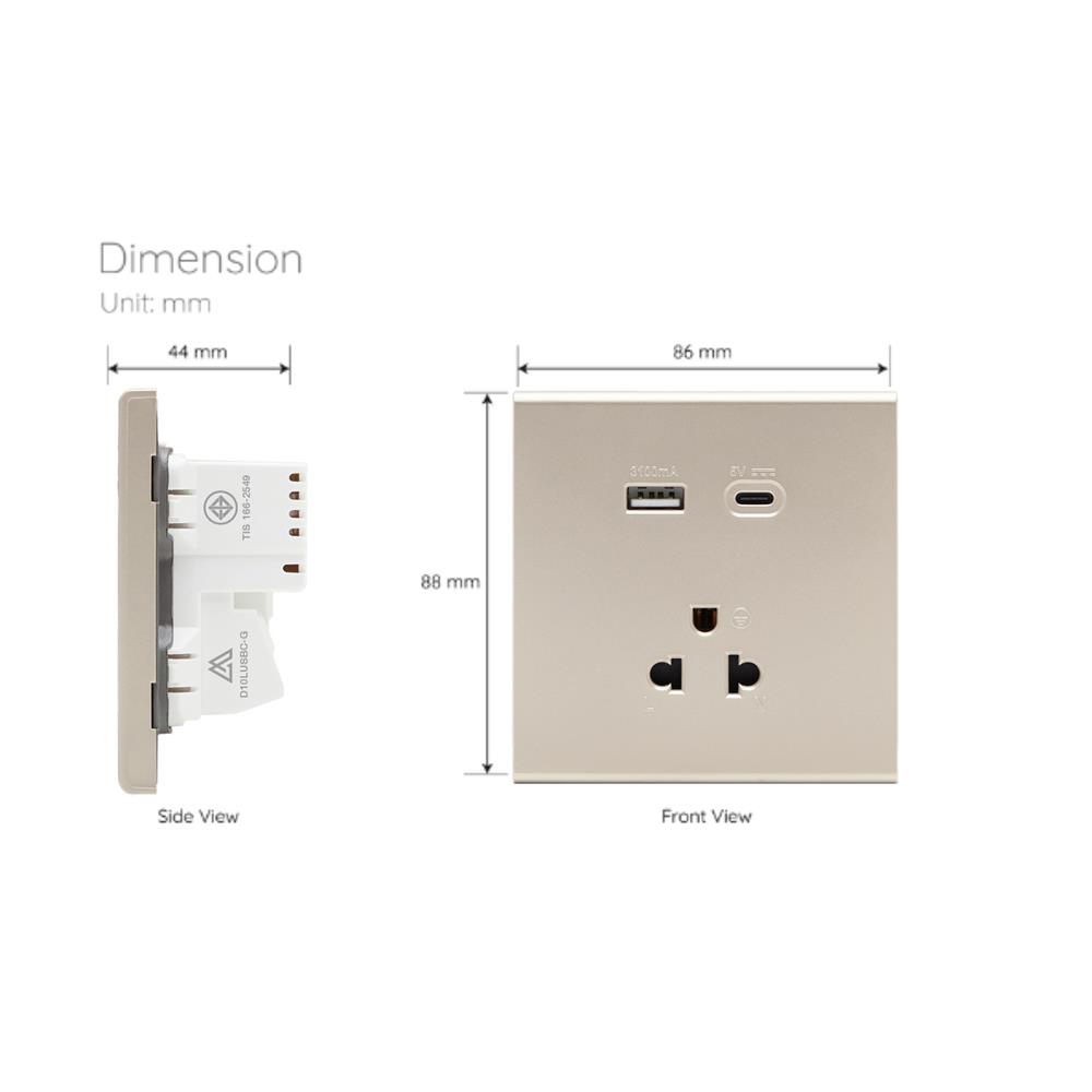 ชุดเต้ารับเดี่ยว 3 ขา พร้อม USB และ TYPE-C SAHN D10LUSBC-G สีทอง