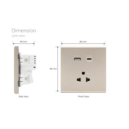 ชุดเต้ารับเดี่ยว 3 ขา พร้อม USB และ TYPE-C SAHN D10LUSBC-G สีทอง_4