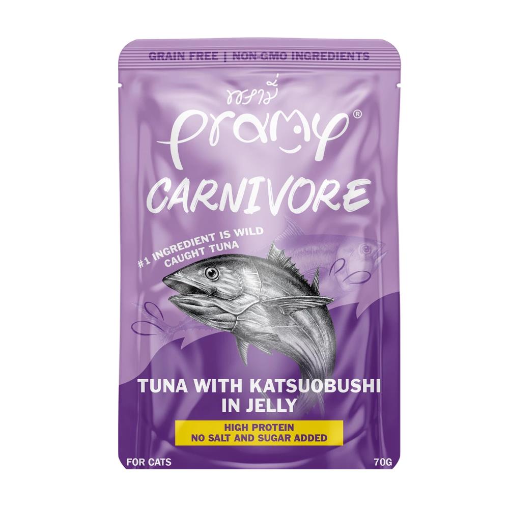 อาหารเปียกแมว PRAMY CANIVORE TUNA WITH KATSUOBUSHI IN JELLY 70 ก.