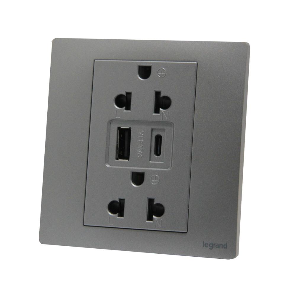 ชุดเต้ารับคู่ 3 ขา พร้อม USB A 1 ช่อง TYPE C 1 ช่อง BTICINO MALLIA SENSES S281204DS สีเทา