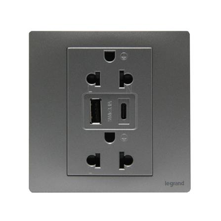 ชุดเต้ารับคู่ 3 ขา พร้อม USB A 1 ช่อง TYPE C 1 ช่อง BTICINO MALLIA SENSES S281204DS สีเทา