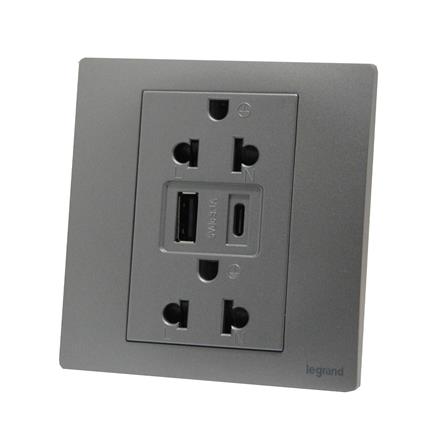 ชุดเต้ารับคู่ 3 ขา พร้อม USB A 1 ช่อง TYPE C 1 ช่อง BTICINO MALLIA SENSES S281204DS สีเทา_1