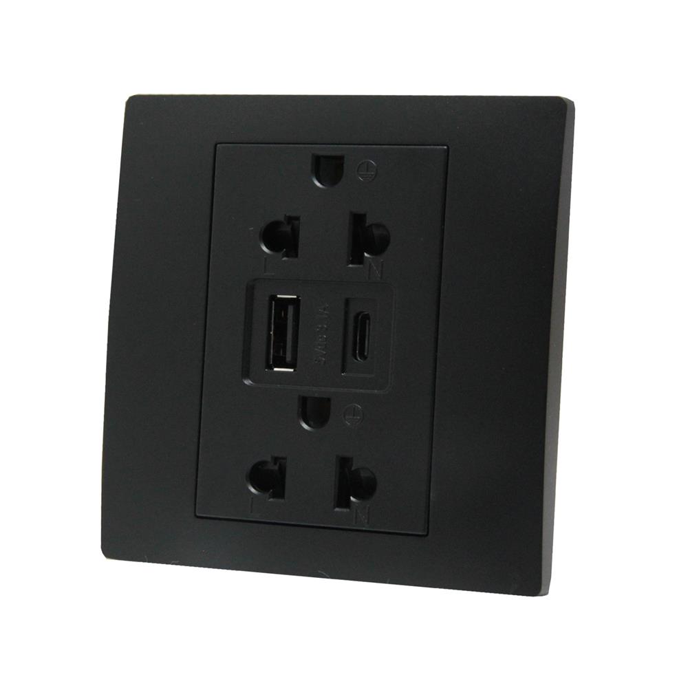 ชุดเต้ารับคู่ 3 ขา พร้อม USB A 1 ช่อง TYPE C 1 ช่อง BTICINO MALLIA SENSES S281204MB สีดำ