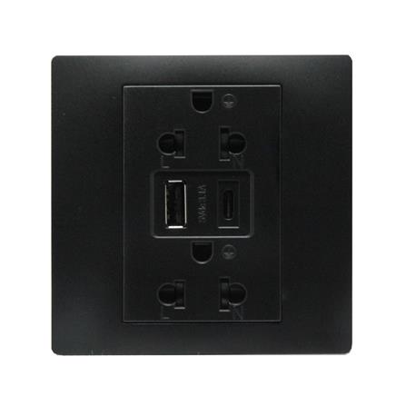 ชุดเต้ารับคู่ 3 ขา พร้อม USB A 1 ช่อง TYPE C 1 ช่อง BTICINO MALLIA SENSES S281204MB สีดำ