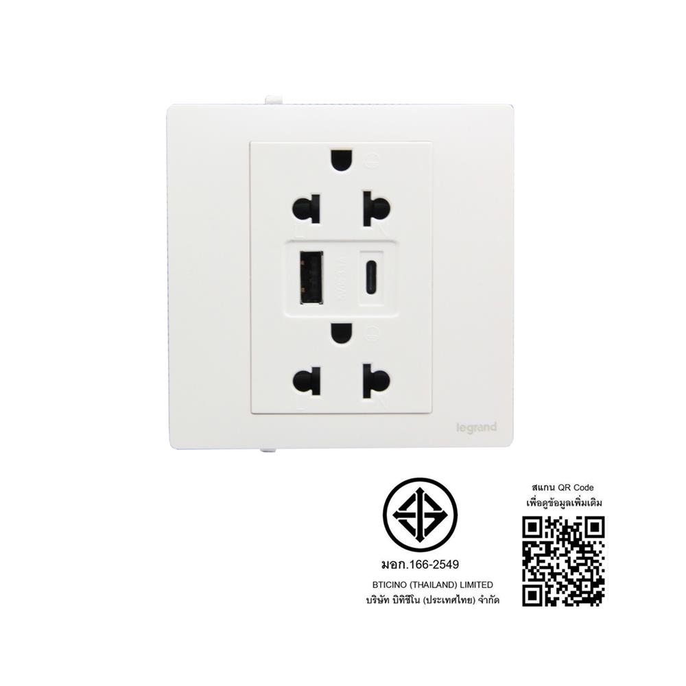 ชุดเต้ารับคู่ 3 ขา พร้อม USB A 1 ช่อง TYPE C 1 ช่อง BTICINO MALLIA SENSES S281204MW สีขาว