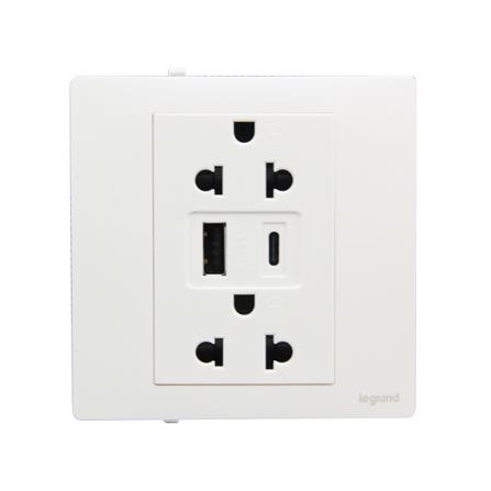 ชุดเต้ารับคู่ 3 ขา พร้อม USB A 1 ช่อง TYPE C 1 ช่อง BTICINO MALLIA SENSES S281204MW สีขาว_0