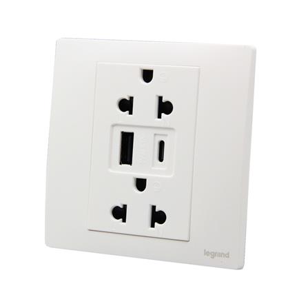 ชุดเต้ารับคู่ 3 ขา พร้อม USB A 1 ช่อง TYPE C 1 ช่อง BTICINO MALLIA SENSES S281204MW สีขาว_1