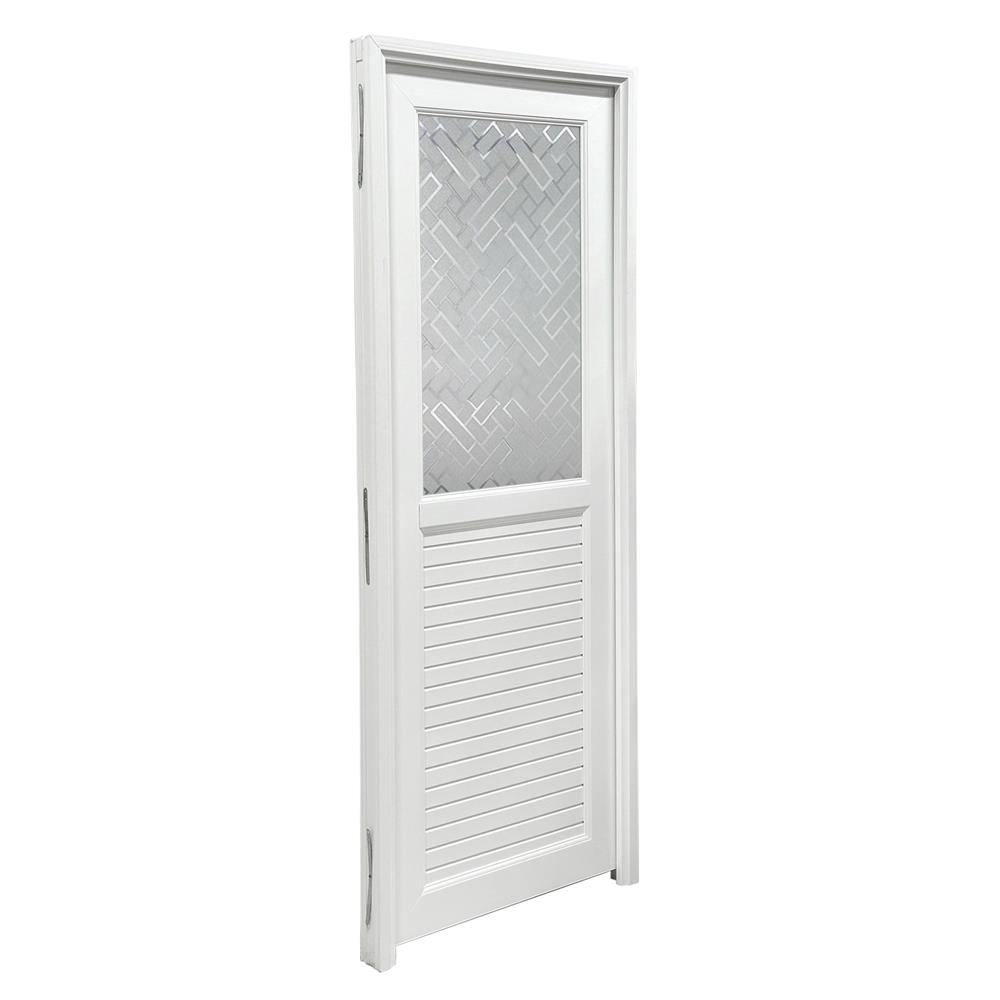 ชุดประตูห้องน้ำ UPVC พร้อมวงกบและบานพับ AZLE 2 ลายตัด 70X200 ซม. สีขาว ไม่เจาะลูกบิด