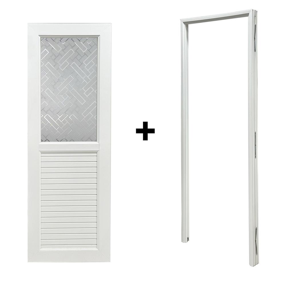 ชุดประตูห้องน้ำ UPVC พร้อมวงกบและบานพับ AZLE 2 ลายตัด 70X200 ซม. สีขาว ไม่เจาะลูกบิด