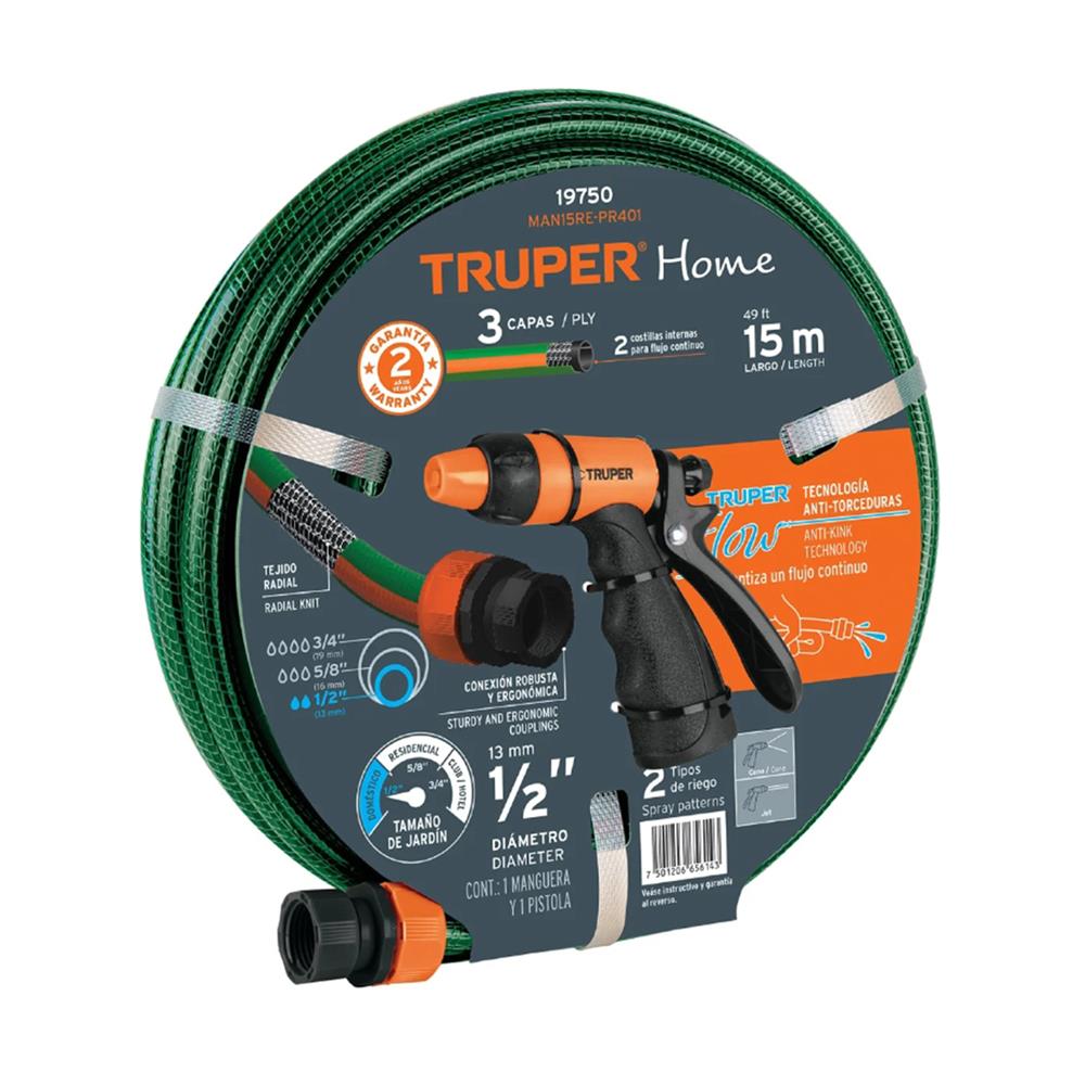 สายยางม้วน PVC พร้อมข้อต่อ TRUPER 19750 1/2 นิ้ว 15 ม. สีเขียว