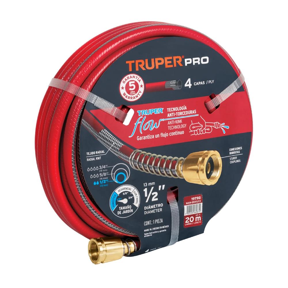 สายยางม้วน PVC 4 ชั้น พร้อมข้อต่อพลาสติก TRUPER 19792 1/2 นิ้ว 20 ม. สีแดง