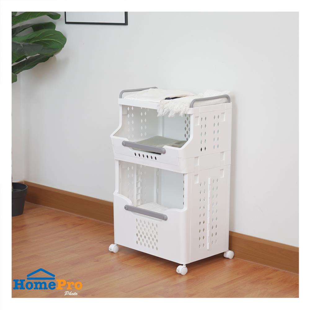 ตะกร้าผ้าเหลี่ยมมีล้อ 2 ชั้น PLIM BESTA สีขาว