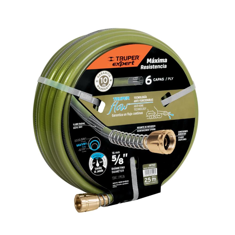 สายยางม้วน PVC 6 ชั้น พร้อมข้อต่อโลหะ TRUPER 19702 5/8 นิ้ว 25 ม. สีเขียว