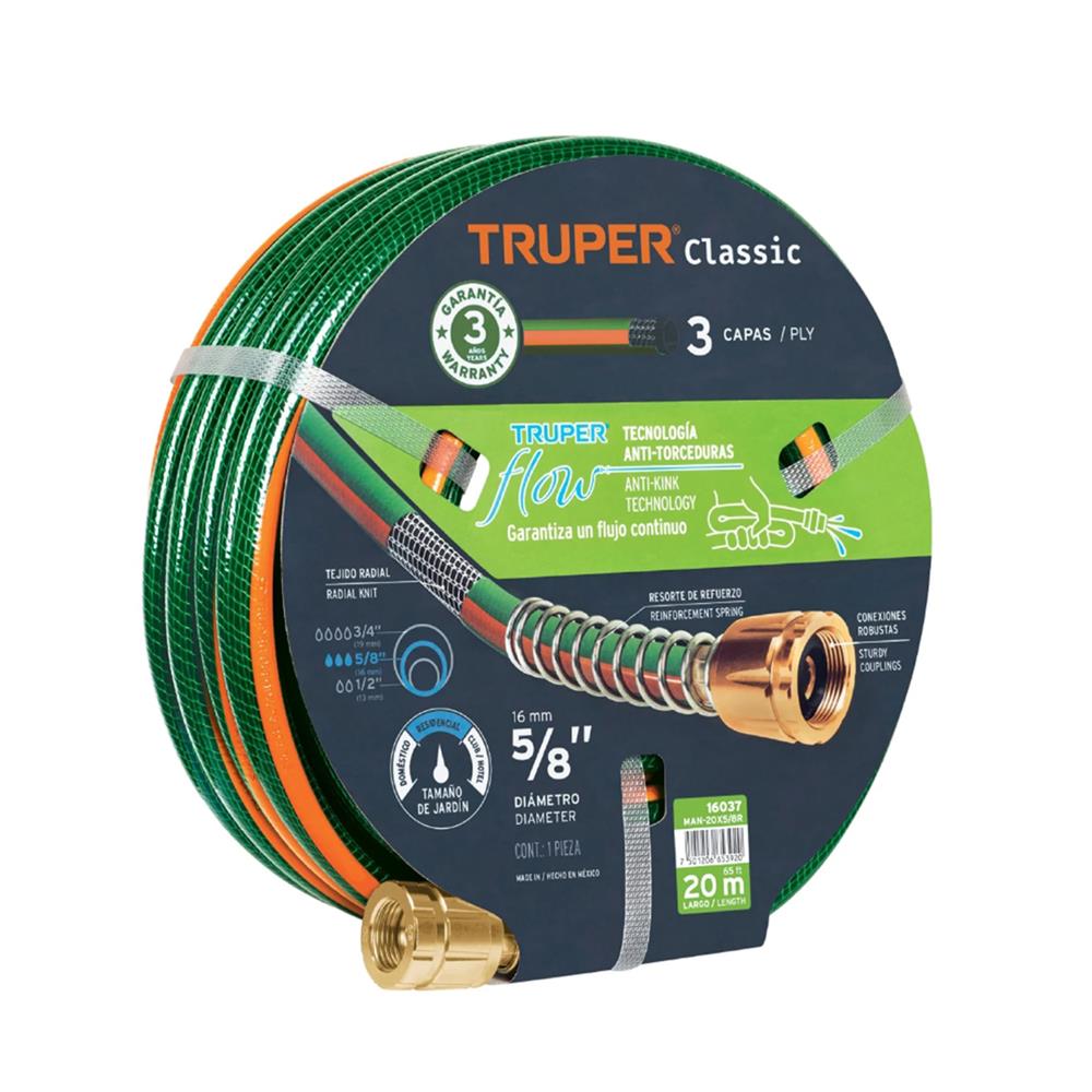 สายยางม้วน PVC 3 ชั้น พร้อมข้อต่อโลหะ TRUPER 16052 5/8 นิ้ว 20 ม. สีเขียว