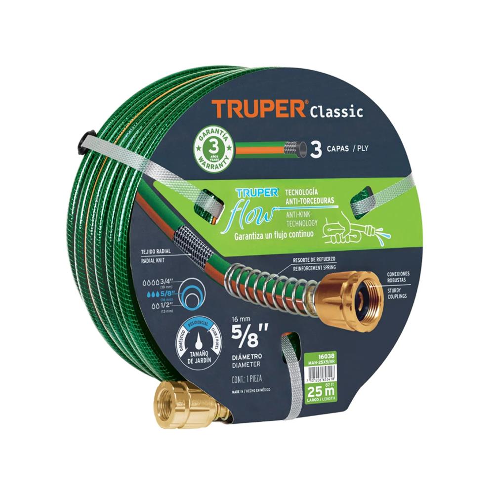 สายยางม้วน PVC 3 ชั้น พร้อมข้อต่อโลหะ TRUPER 16038 5/8 นิ้ว 25 ม. สีเขียว