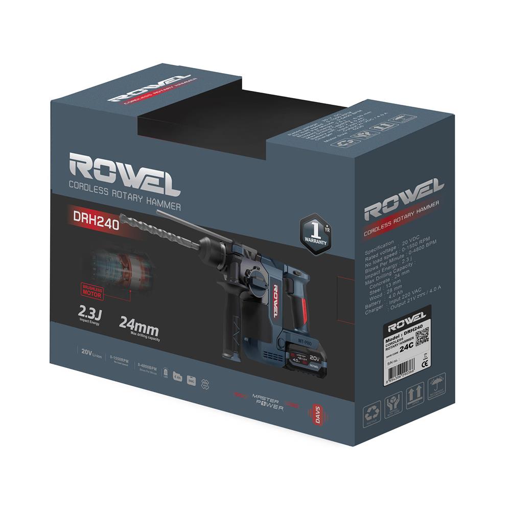 สว่านโรตารี่ไร้สาย (พร้อมแบตเตอรี่) ROWEL DRH240 24 มม. 20 โวลต์