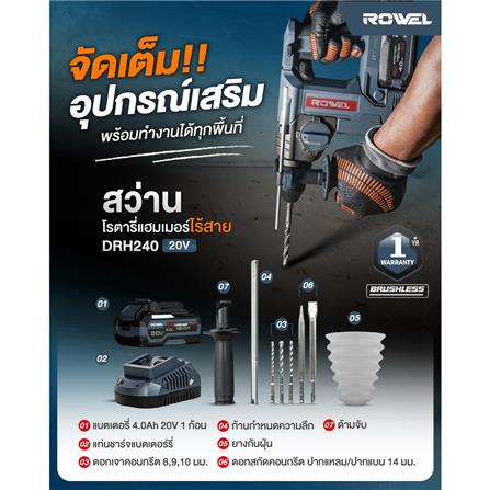 สว่านโรตารี่ไร้สาย (พร้อมแบตเตอรี่) ROWEL DRH240 24 มม. 20 โวลต์_5