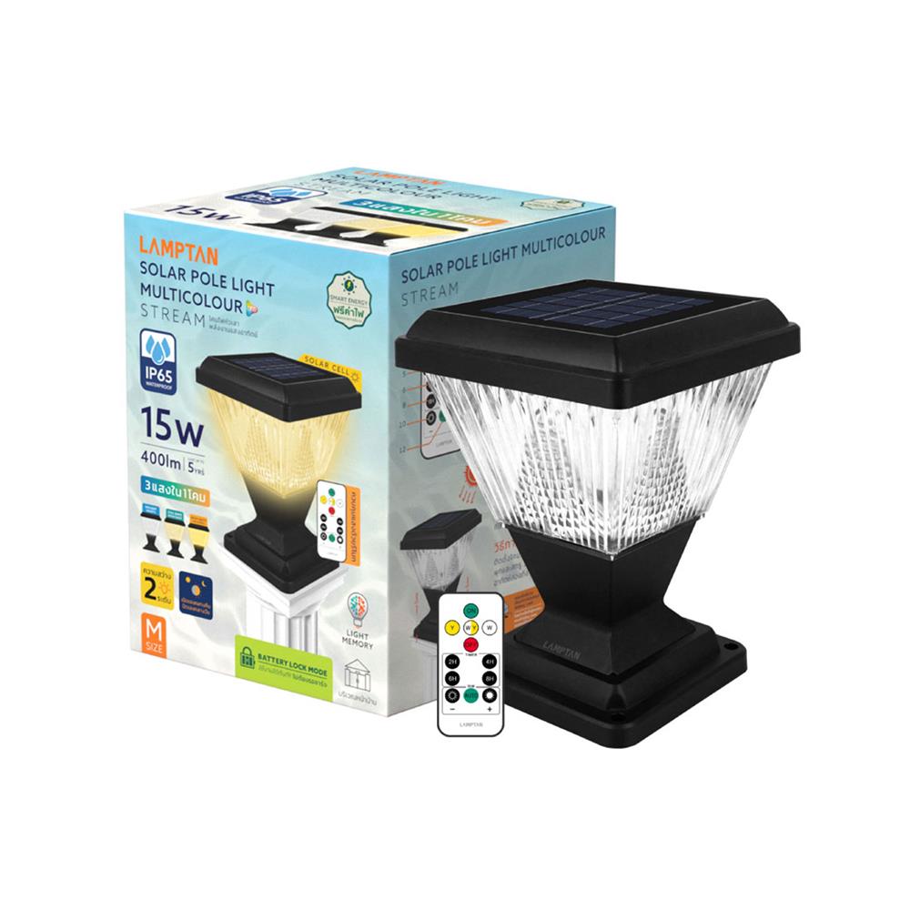 ไฟหัวเสา SOLAR LAMPTAN STREAM 15 วัตต์ DAYLIGHT/COOL WHITE/WARM WHITE สีดำ