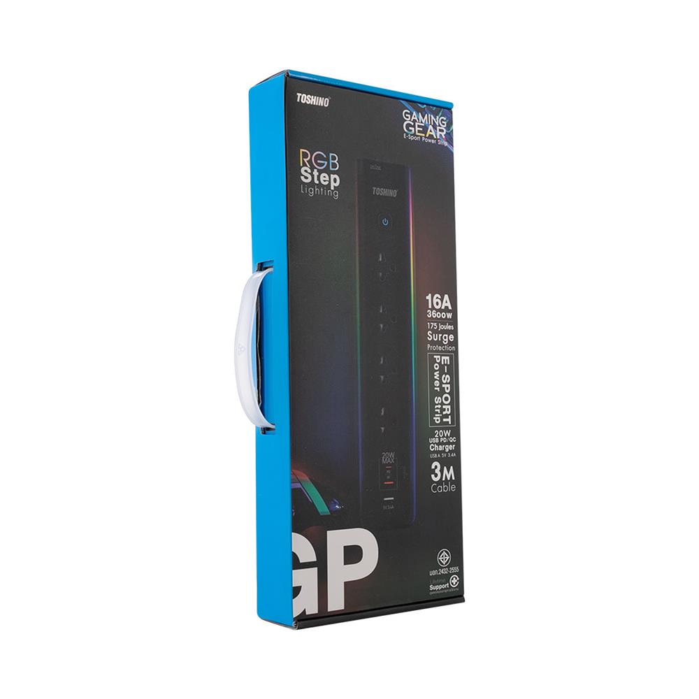 รางปลั๊กไฟ RGB 4 ช่อง PD20W+QC3.0+1USB 3.4A TOSHINO 3 เมตร