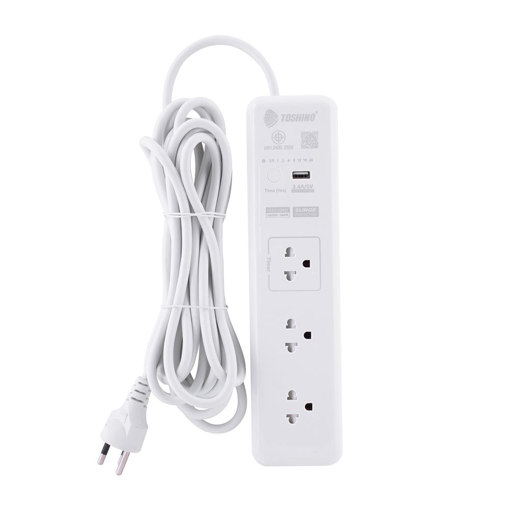 รางปลั๊กไฟ TIMER 3 ช่อง 1 สวิตซ์ 1 USB 3.4A TOSHINO WT-33 3 เมตร