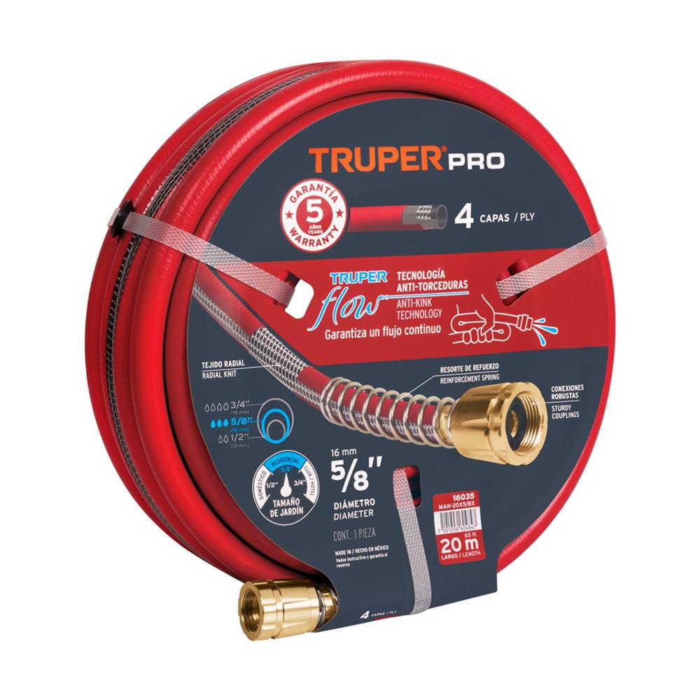 สายยางม้วน PVC 4 ชั้น พร้อมข้อโลหะ TRUPER 16035 5/8 นิ้ว 20 ม. สีแดง